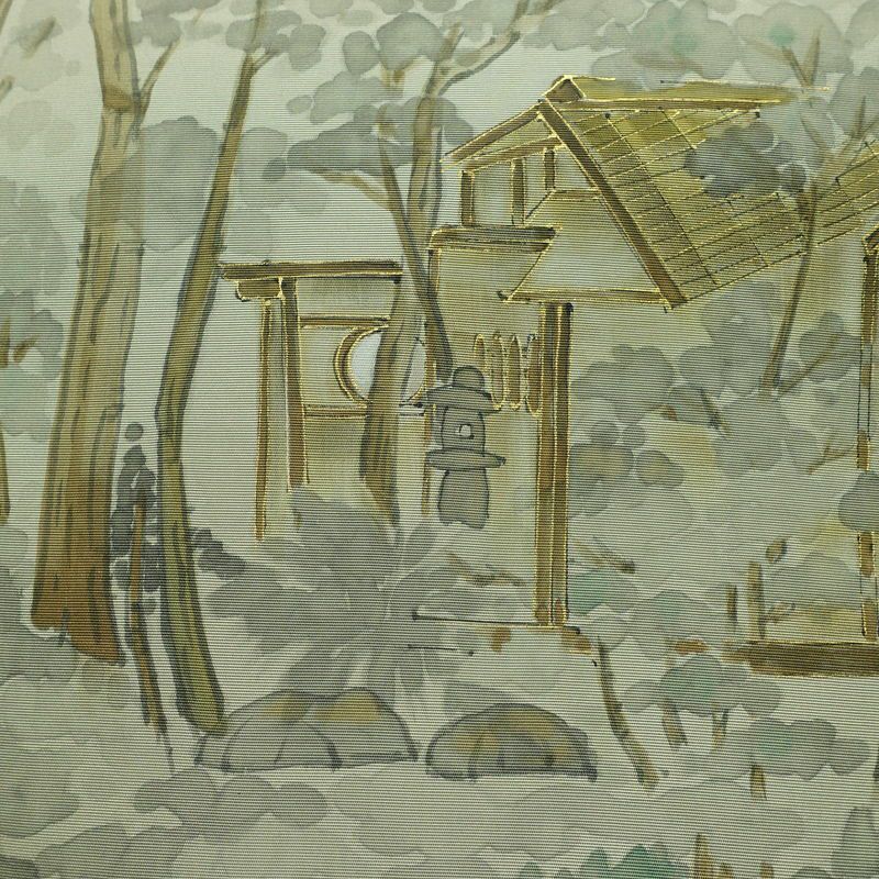 名古屋帯 太鼓柄 正絹 風景柄 名古屋仕立て なごや帯 リサイクル帯 帯 金彩 シンプル 緑・うぐいす色_画像2