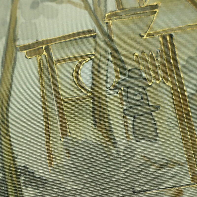 名古屋帯 太鼓柄 正絹 風景柄 名古屋仕立て なごや帯 リサイクル帯 帯 金彩 シンプル 緑・うぐいす色_画像3