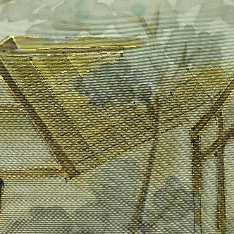 名古屋帯 太鼓柄 正絹 風景柄 名古屋仕立て なごや帯 リサイクル帯 帯 金彩 シンプル 緑・うぐいす色_画像4