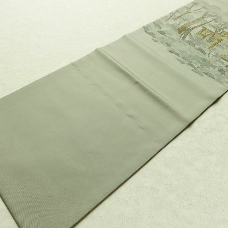 名古屋帯 太鼓柄 正絹 風景柄 名古屋仕立て なごや帯 リサイクル帯 帯 金彩 シンプル 緑・うぐいす色_画像8