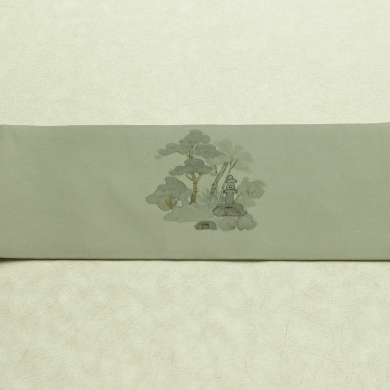 名古屋帯 太鼓柄 正絹 風景柄 名古屋仕立て なごや帯 リサイクル帯 帯 金彩 シンプル 緑・うぐいす色_画像11