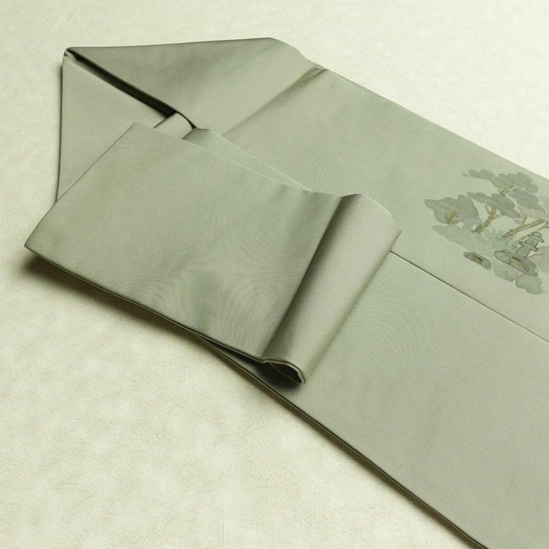 名古屋帯 太鼓柄 正絹 風景柄 名古屋仕立て なごや帯 リサイクル帯 帯 金彩 シンプル 緑・うぐいす色_画像21