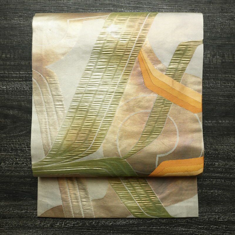 名古屋帯 六通柄 ふくれ織 正絹 幾何学柄・抽象柄 なごや帯 リサイクル帯 帯 引箔 多色使い_画像1