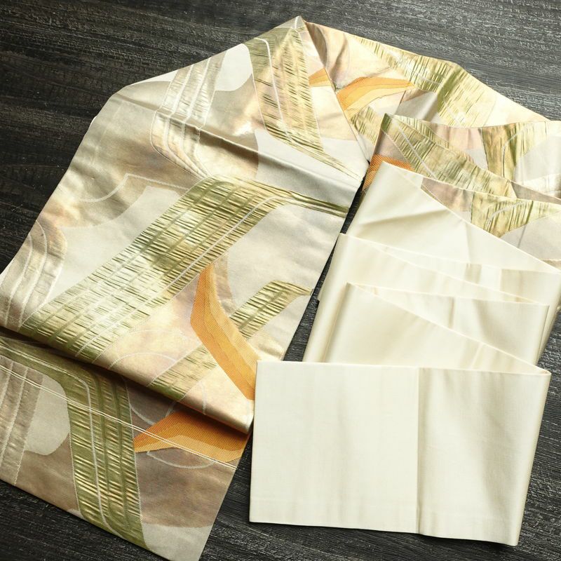 名古屋帯 六通柄 ふくれ織 正絹 幾何学柄・抽象柄 なごや帯 リサイクル帯 帯 引箔 多色使い_画像17