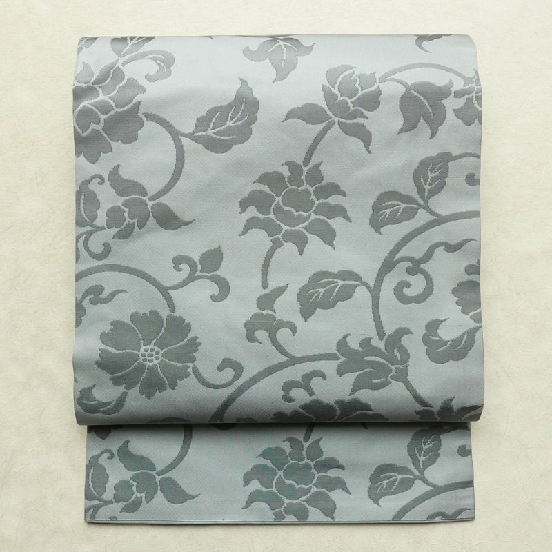 名古屋帯 六通柄 良品 正絹 花柄 名古屋仕立て なごや帯 リサイクル帯 帯 ブルーグレー グレー_画像1