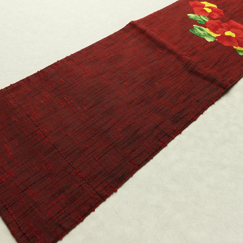 名古屋帯 六通柄 美品 正絹 花柄 名古屋仕立て なごや帯 リサイクル帯 帯 シンプル 小豆・エンジ_画像9