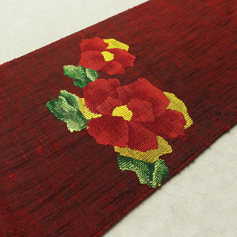 名古屋帯 六通柄 美品 正絹 花柄 名古屋仕立て なごや帯 リサイクル帯 帯 シンプル 小豆・エンジ_画像12