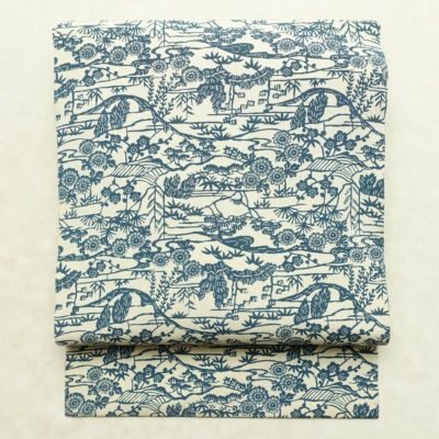 名古屋帯 全通柄 縮緬 正絹 木の葉・植物柄 名古屋仕立て なごや帯 リサイクル帯 帯 白