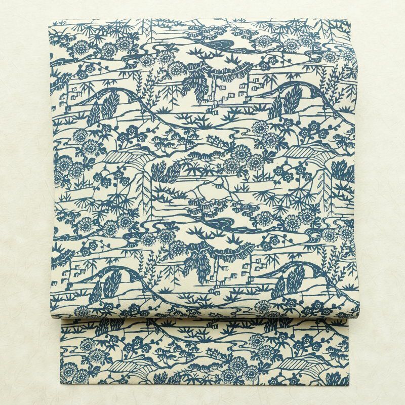 名古屋帯 全通柄 縮緬 正絹 木の葉・植物柄 名古屋仕立て なごや帯 リサイクル帯 帯 白_画像1