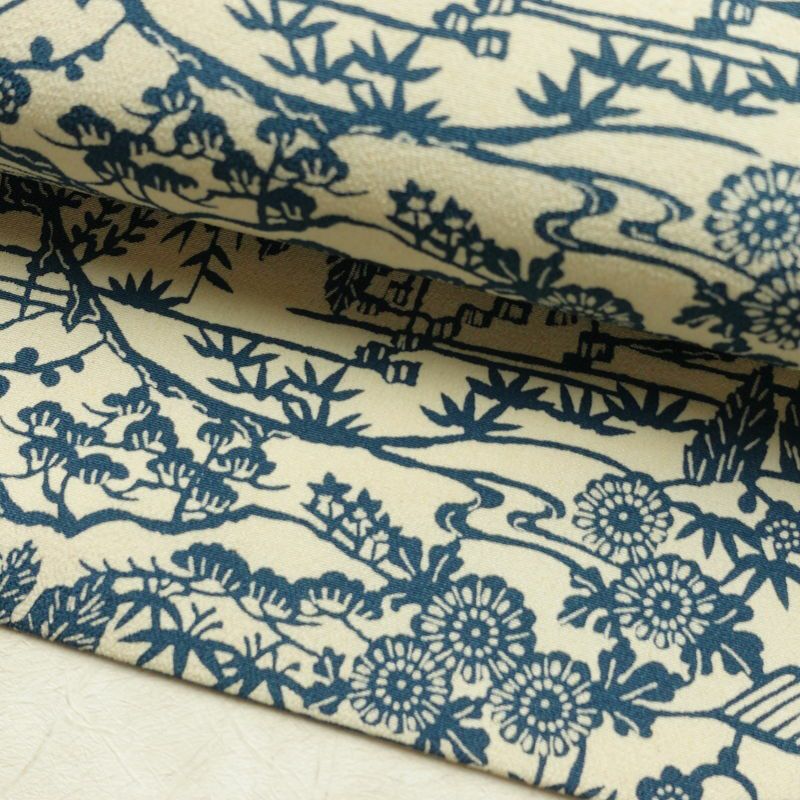 名古屋帯 全通柄 縮緬 正絹 木の葉・植物柄 名古屋仕立て なごや帯 リサイクル帯 帯 白_画像7