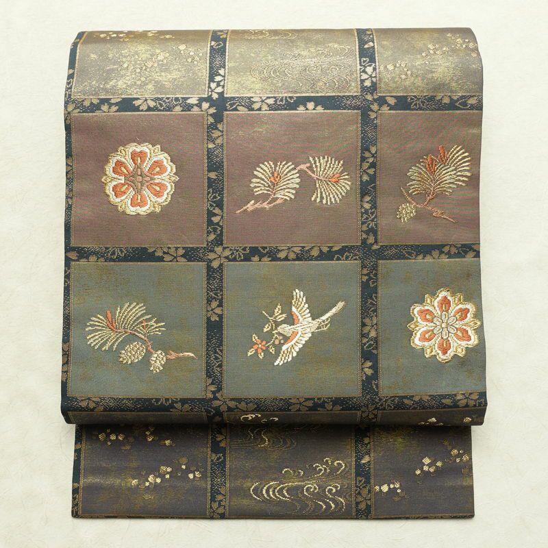 名古屋帯 六通柄 良品 正絹 古典柄 名古屋仕立て なごや帯 リサイクル帯 帯 箔 青・紺_画像1