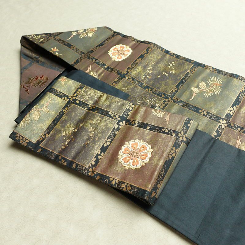 名古屋帯 六通柄 良品 正絹 古典柄 名古屋仕立て なごや帯 リサイクル帯 帯 箔 青・紺_画像21