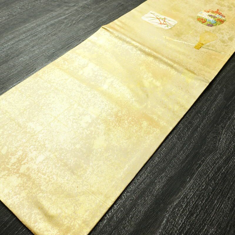 名古屋帯 太鼓柄 正絹 古典柄 名古屋仕立て なごや帯 リサイクル帯 帯 箔 シンプル 黄・黄土色_画像8