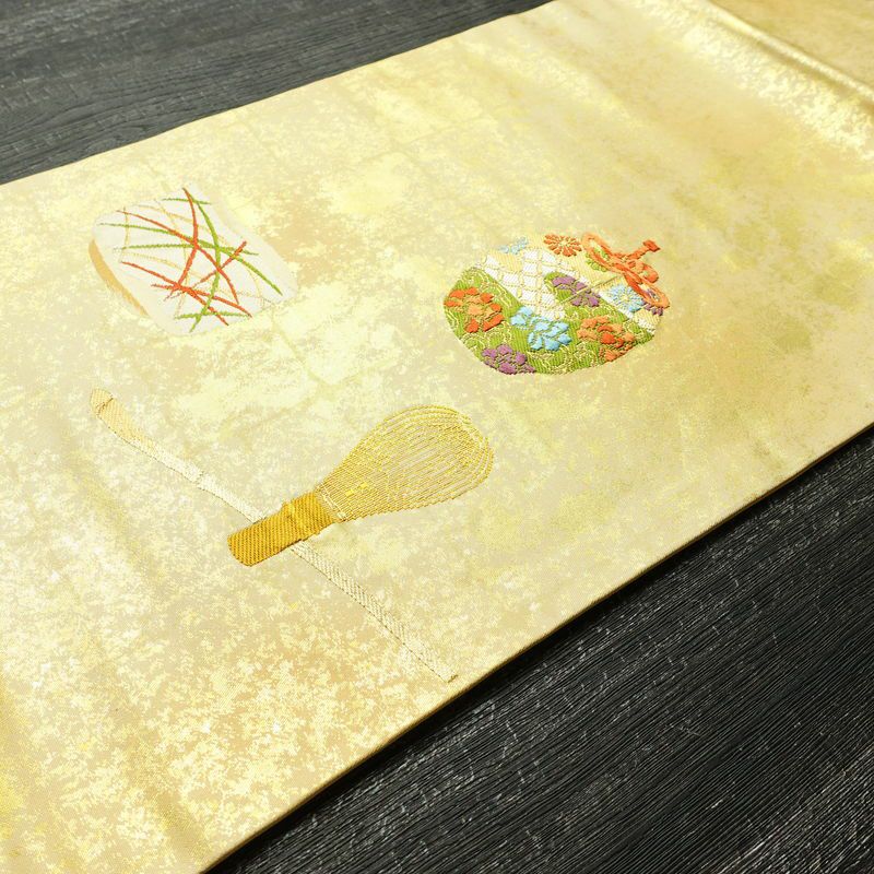 名古屋帯 太鼓柄 正絹 古典柄 名古屋仕立て なごや帯 リサイクル帯 帯 箔 シンプル 黄・黄土色_画像11