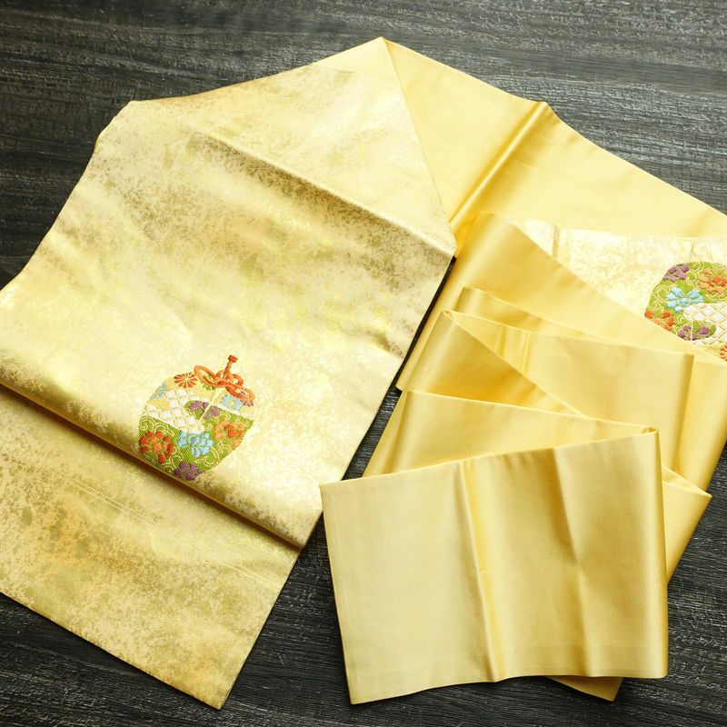 名古屋帯 太鼓柄 正絹 古典柄 名古屋仕立て なごや帯 リサイクル帯 帯 箔 シンプル 黄・黄土色_画像16