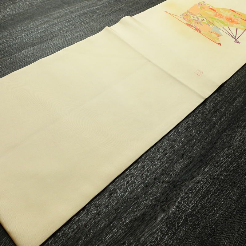 名古屋帯 太鼓柄 美品 落款入り 正絹 古典柄 名古屋仕立て なごや帯 リサイクル帯 帯 扇子 クリーム_画像9