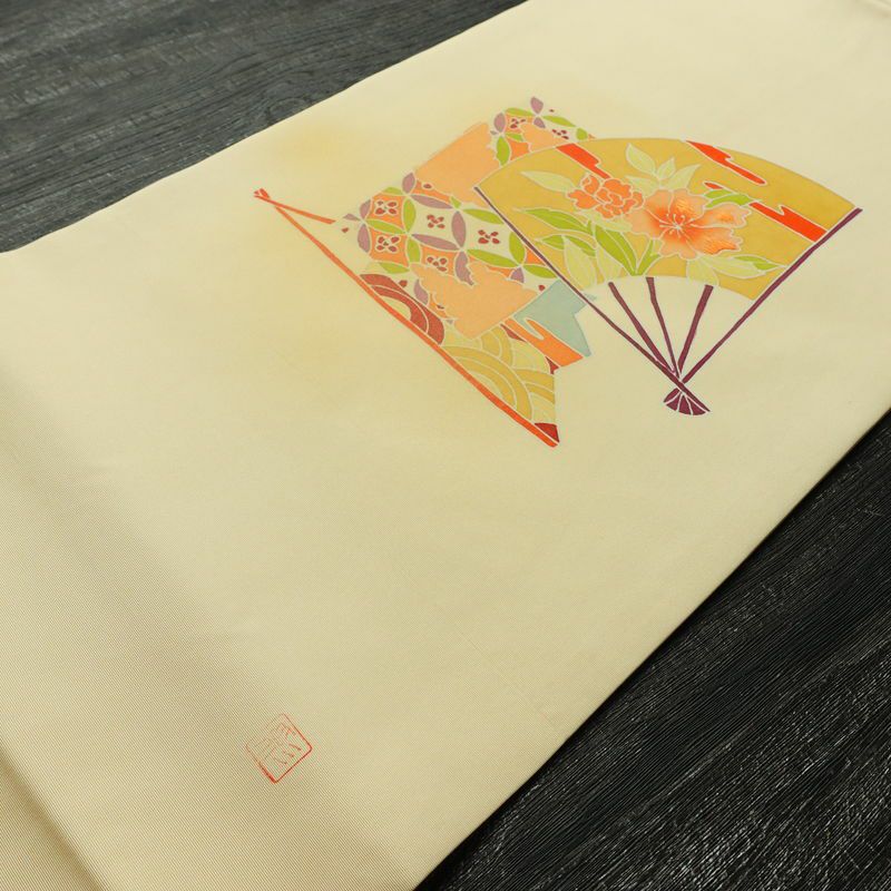 名古屋帯 太鼓柄 美品 落款入り 正絹 古典柄 名古屋仕立て なごや帯 リサイクル帯 帯 扇子 クリーム_画像11