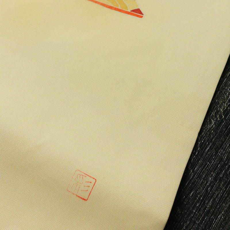 名古屋帯 太鼓柄 美品 落款入り 正絹 古典柄 名古屋仕立て なごや帯 リサイクル帯 帯 扇子 クリーム_画像12