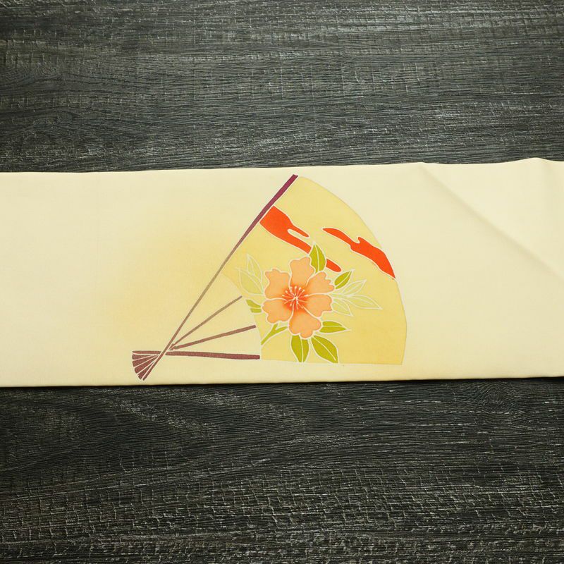 名古屋帯 太鼓柄 美品 落款入り 正絹 古典柄 名古屋仕立て なごや帯 リサイクル帯 帯 扇子 クリーム_画像14