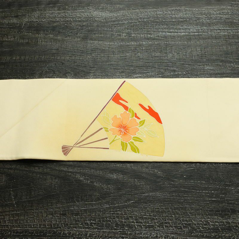 名古屋帯 太鼓柄 美品 落款入り 正絹 古典柄 名古屋仕立て なごや帯 リサイクル帯 帯 扇子 クリーム_画像15