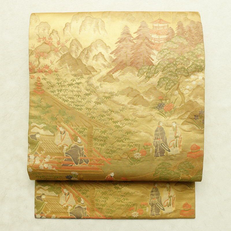 名古屋帯 六通柄 正絹 人物・動物柄 名古屋仕立て なごや帯 リサイクル帯 帯 黄・黄土色_画像1