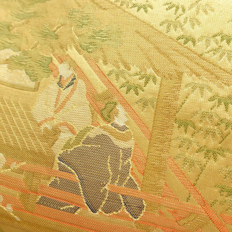 名古屋帯 六通柄 正絹 人物・動物柄 名古屋仕立て なごや帯 リサイクル帯 帯 黄・黄土色_画像3