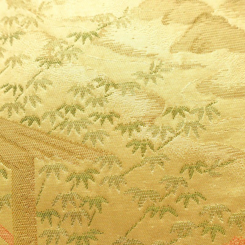 名古屋帯 六通柄 正絹 人物・動物柄 名古屋仕立て なごや帯 リサイクル帯 帯 黄・黄土色_画像5