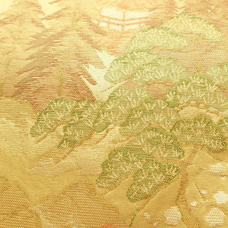 名古屋帯 六通柄 正絹 人物・動物柄 名古屋仕立て なごや帯 リサイクル帯 帯 黄・黄土色_画像6