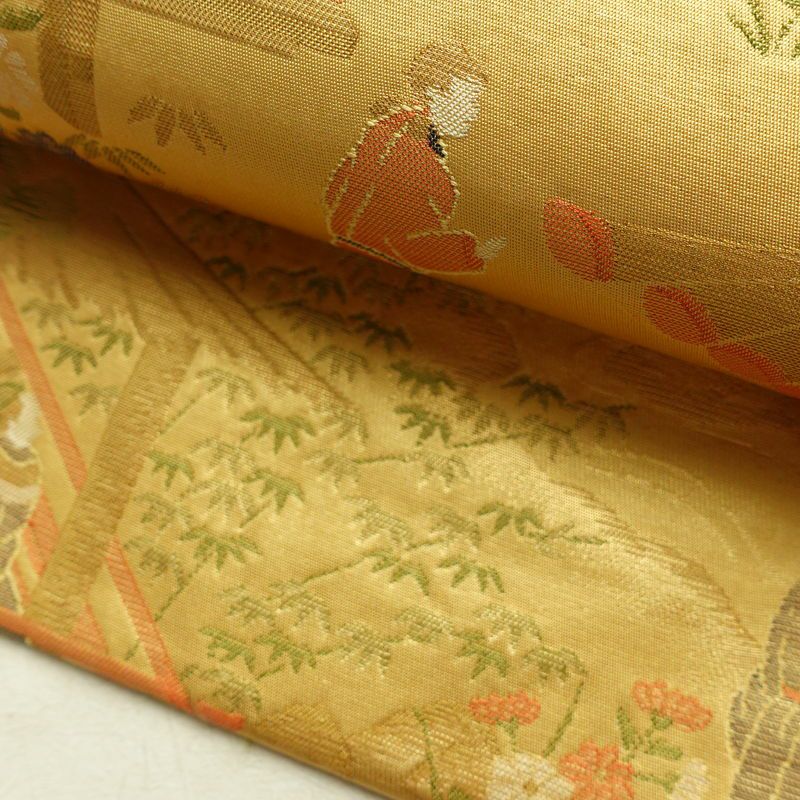 名古屋帯 六通柄 正絹 人物・動物柄 名古屋仕立て なごや帯 リサイクル帯 帯 黄・黄土色_画像9