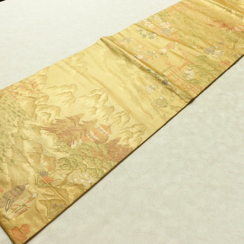 名古屋帯 六通柄 正絹 人物・動物柄 名古屋仕立て なごや帯 リサイクル帯 帯 黄・黄土色_画像10