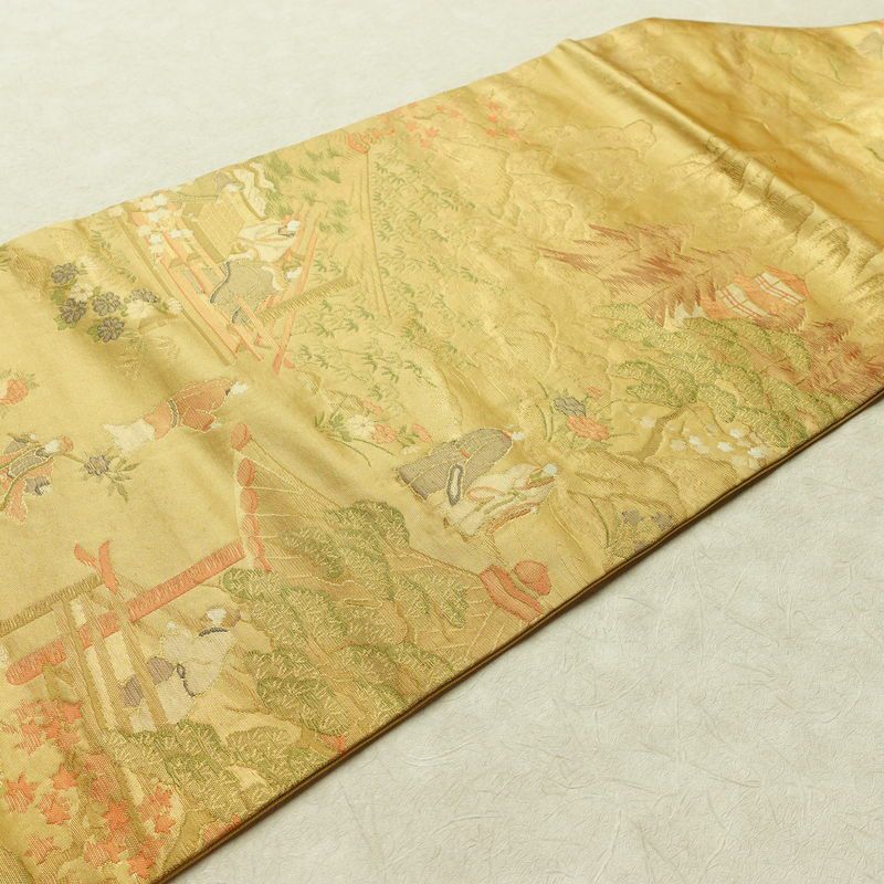 名古屋帯 六通柄 正絹 人物・動物柄 名古屋仕立て なごや帯 リサイクル帯 帯 黄・黄土色_画像12