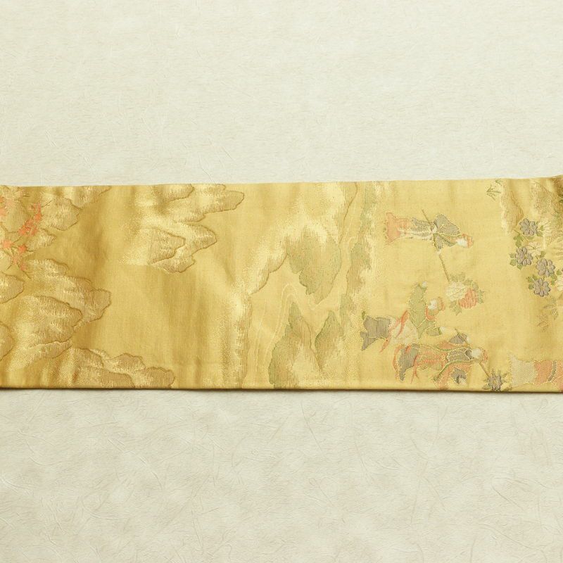 名古屋帯 六通柄 正絹 人物・動物柄 名古屋仕立て なごや帯 リサイクル帯 帯 黄・黄土色_画像13