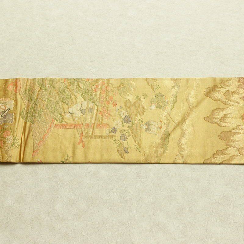 名古屋帯 六通柄 正絹 人物・動物柄 名古屋仕立て なごや帯 リサイクル帯 帯 黄・黄土色_画像14