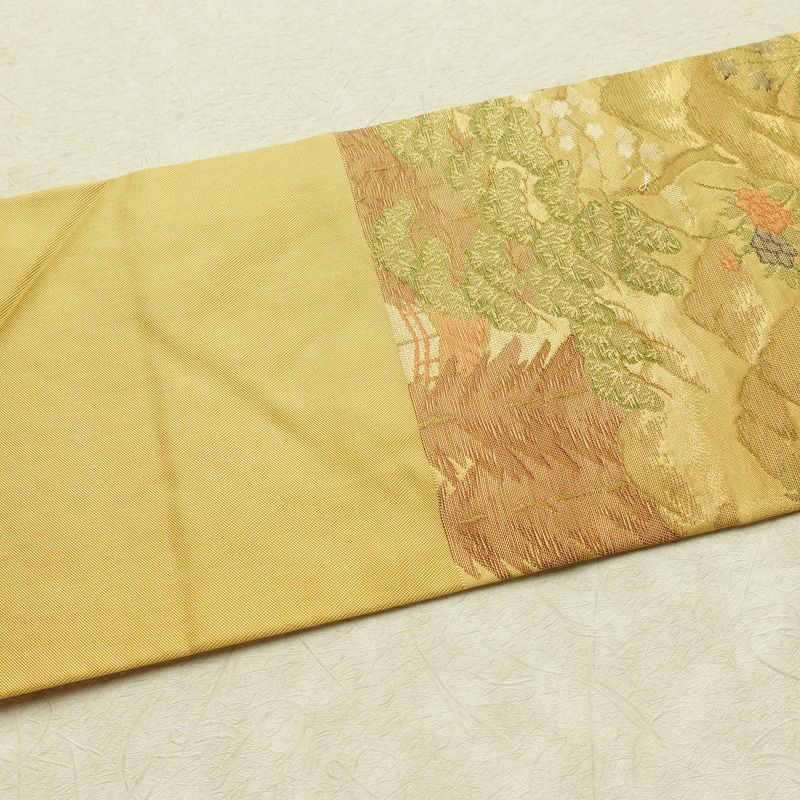 名古屋帯 六通柄 正絹 人物・動物柄 名古屋仕立て なごや帯 リサイクル帯 帯 黄・黄土色_画像15