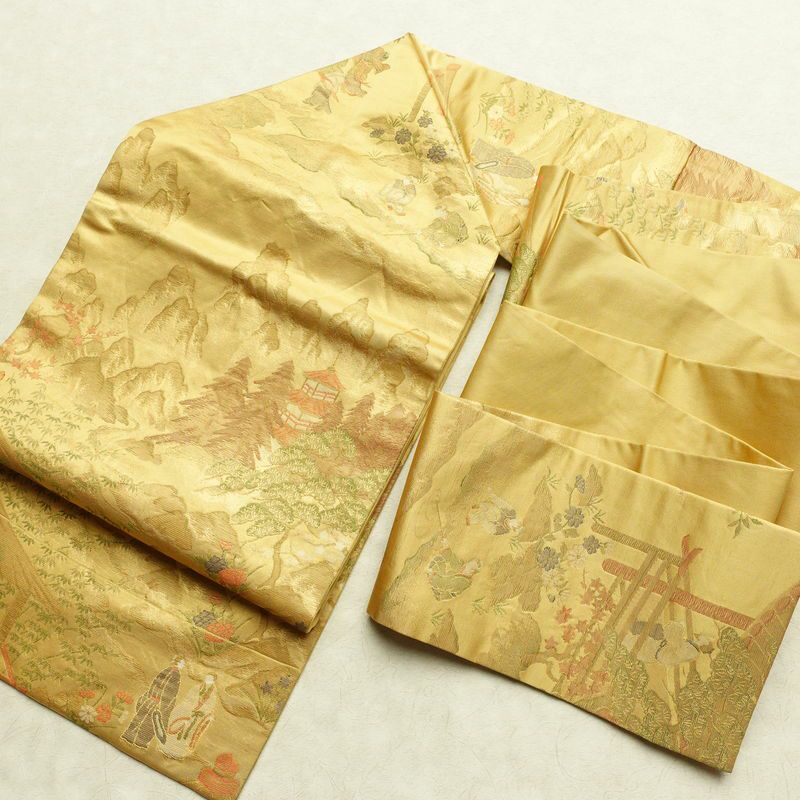 名古屋帯 六通柄 正絹 人物・動物柄 名古屋仕立て なごや帯 リサイクル帯 帯 黄・黄土色_画像17