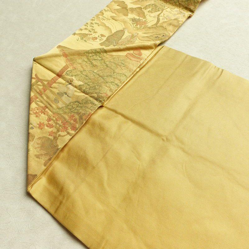 名古屋帯 六通柄 正絹 人物・動物柄 名古屋仕立て なごや帯 リサイクル帯 帯 黄・黄土色_画像19