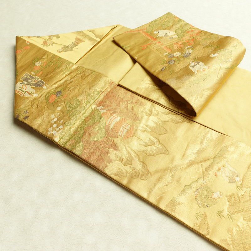 名古屋帯 六通柄 正絹 人物・動物柄 名古屋仕立て なごや帯 リサイクル帯 帯 黄・黄土色_画像21