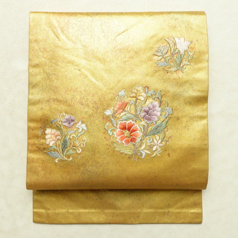 名古屋帯 太鼓柄 正絹 花柄 名古屋仕立て なごや帯 リサイクル帯 帯 刺繍 箔 黄・黄土色_画像1