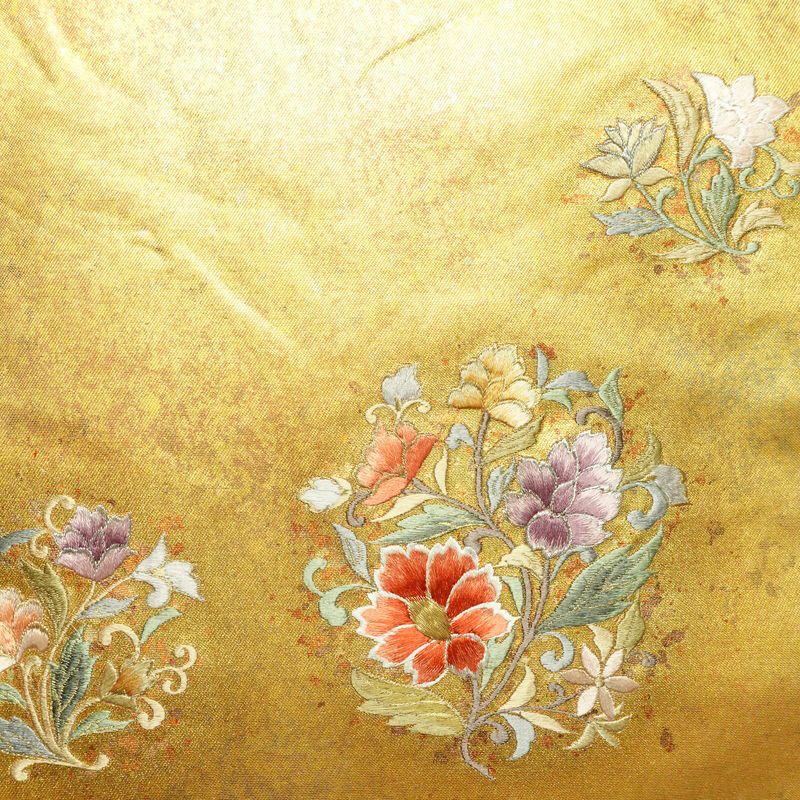 名古屋帯 太鼓柄 正絹 花柄 名古屋仕立て なごや帯 リサイクル帯 帯 刺繍 箔 黄・黄土色_画像2