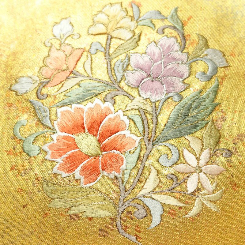 名古屋帯 太鼓柄 正絹 花柄 名古屋仕立て なごや帯 リサイクル帯 帯 刺繍 箔 黄・黄土色_画像3