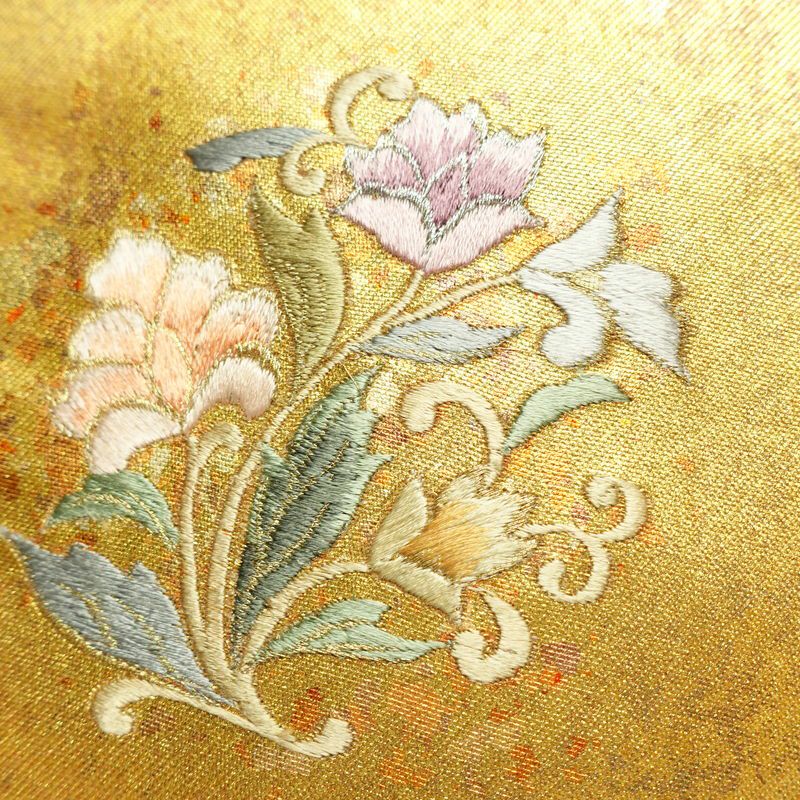 名古屋帯 太鼓柄 正絹 花柄 名古屋仕立て なごや帯 リサイクル帯 帯 刺繍 箔 黄・黄土色_画像4