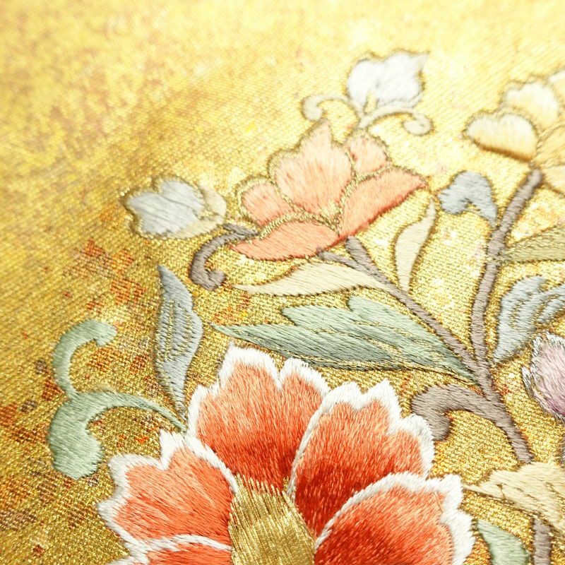 名古屋帯 太鼓柄 正絹 花柄 名古屋仕立て なごや帯 リサイクル帯 帯 刺繍 箔 黄・黄土色_画像6