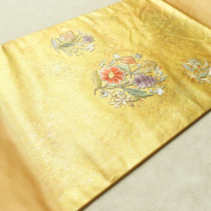 名古屋帯 太鼓柄 正絹 花柄 名古屋仕立て なごや帯 リサイクル帯 帯 刺繍 箔 黄・黄土色_画像11