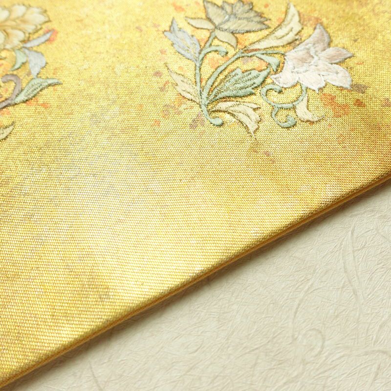 名古屋帯 太鼓柄 正絹 花柄 名古屋仕立て なごや帯 リサイクル帯 帯 刺繍 箔 黄・黄土色_画像12
