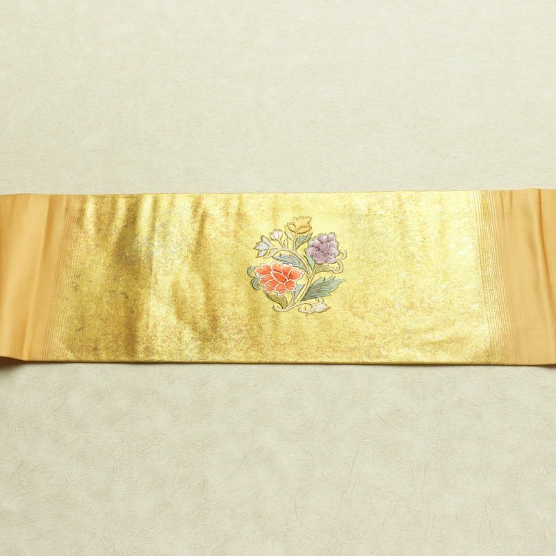 名古屋帯 太鼓柄 正絹 花柄 名古屋仕立て なごや帯 リサイクル帯 帯 刺繍 箔 黄・黄土色_画像13