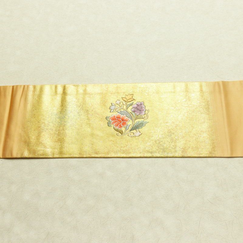 名古屋帯 太鼓柄 正絹 花柄 名古屋仕立て なごや帯 リサイクル帯 帯 刺繍 箔 黄・黄土色_画像14