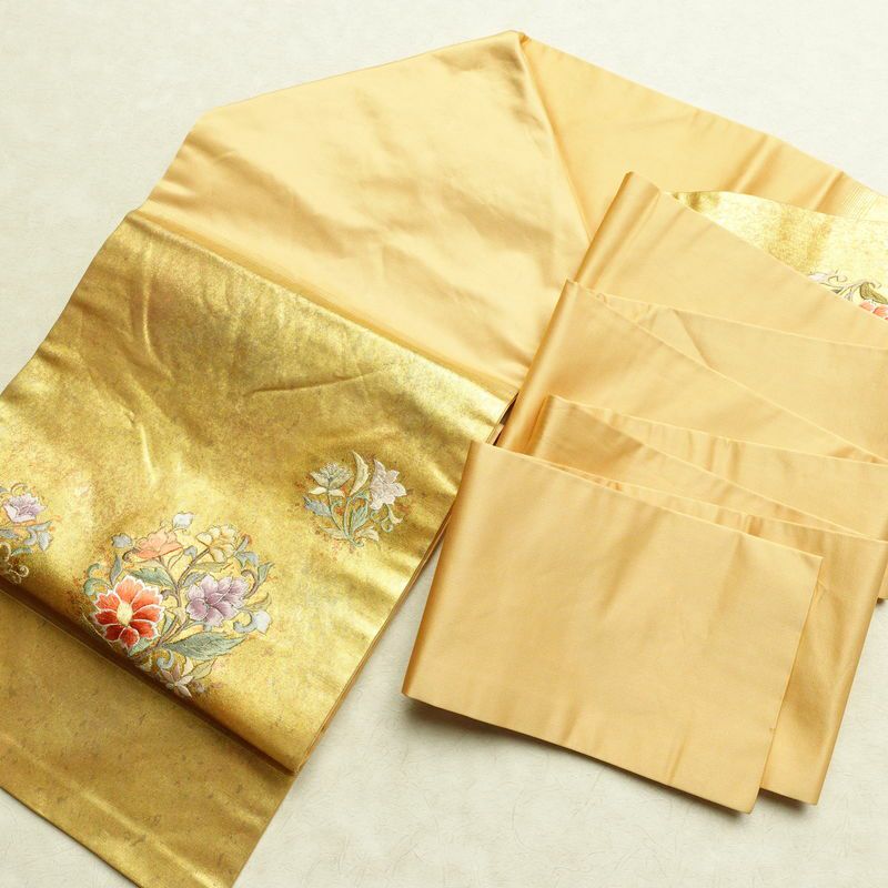 名古屋帯 太鼓柄 正絹 花柄 名古屋仕立て なごや帯 リサイクル帯 帯 刺繍 箔 黄・黄土色_画像16