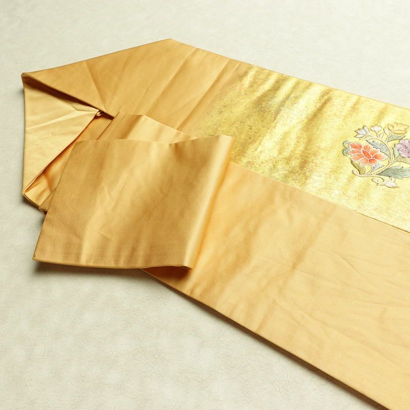 名古屋帯 太鼓柄 正絹 花柄 名古屋仕立て なごや帯 リサイクル帯 帯 刺繍 箔 黄・黄土色_画像20