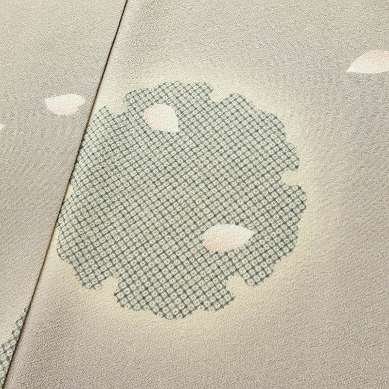 小紋 縮緬 飛び柄 正絹 古典柄 袷仕立て 身丈164.5cm 裄丈68cm リサイクル着物 雪輪 花びら 着物 くすみパープル 紫・藤色_画像7