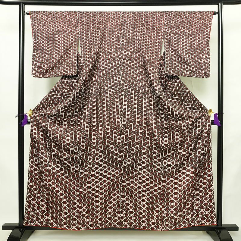 小紋 良品 付下小紋 正絹 麻の葉柄 袷仕立て 身丈158cm 裄丈64.5cm リサイクル着物 着物 赤・朱_画像1